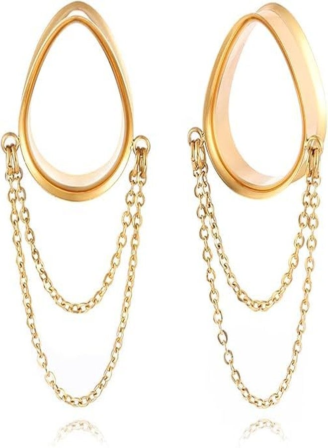 Earblity 2PCS Dangle Chain Teardrop Ear Plugs Tunnels Daily 316 Stainless Steel Ear Gauges Expander Stretcher Piercing Body Jewelry 0g-1 inch 8mm-25mm (Gold, 00G(10mm)) - Image 1